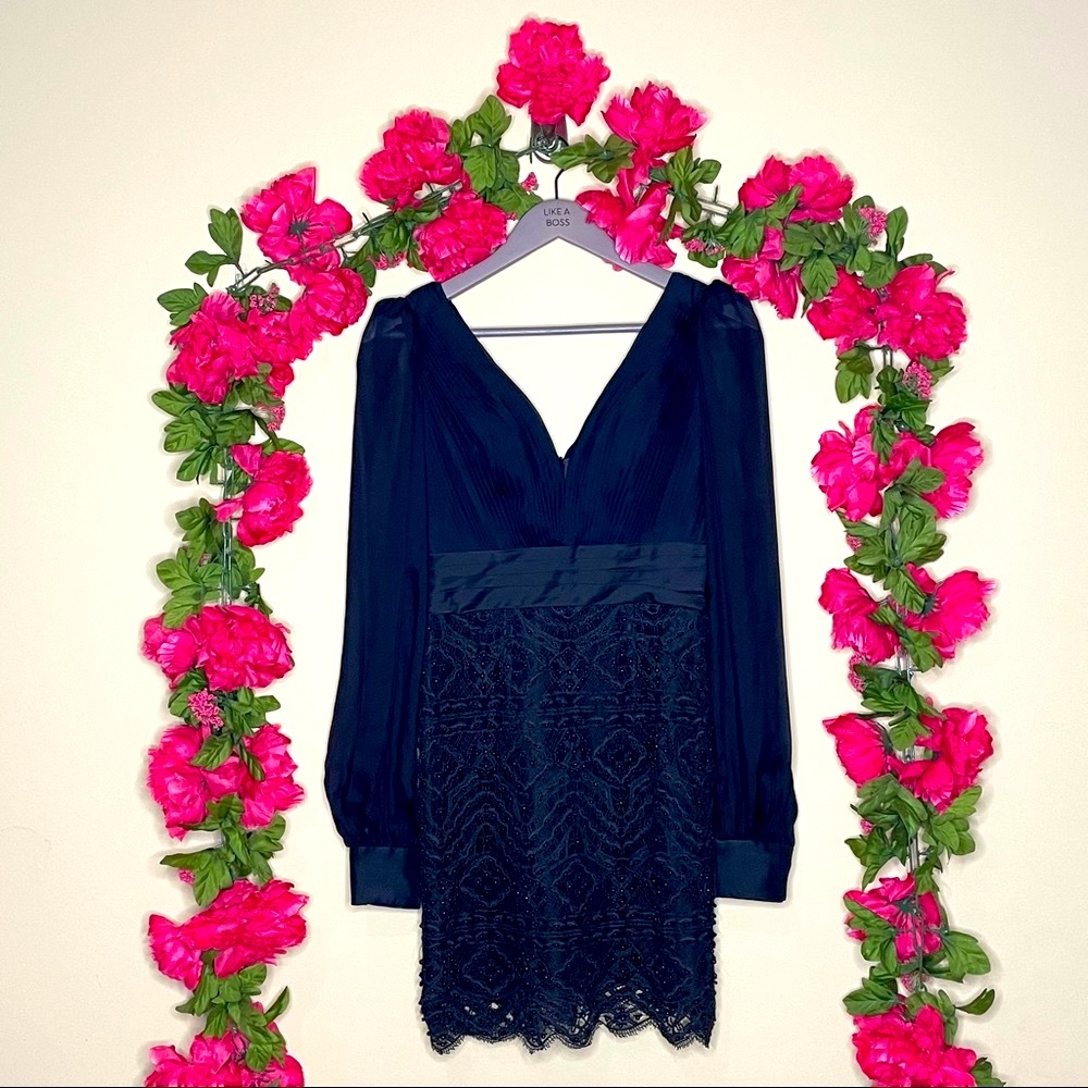 Sherri Hill Black Pleated & Beaded Silk Mini Dress